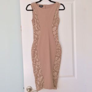 Bebe Bodycon Cocktail Dress w/ Lace, Size S, Taupe/Beige